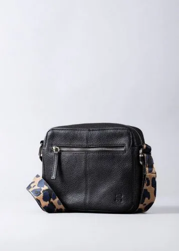 Alston Boxy Leather Cross Body Bag in Black with Leopard Print Canvas Strap