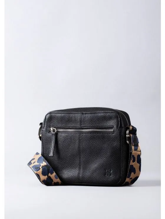 Alston Boxy Leather Cross Body Bag in Black with Leopard Print Canvas Strap