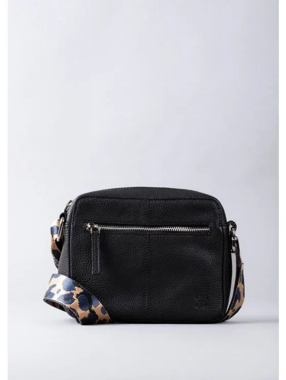 Alston Boxy Leather Cross Body Bag in Black with Leopard Print Canvas Strap