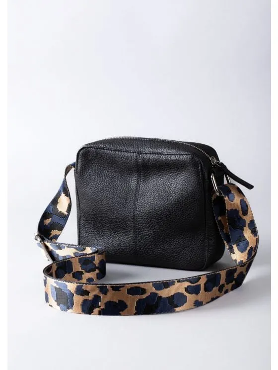 Alston Boxy Leather Cross Body Bag in Black with Leopard Print Canvas Strap