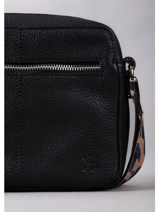 Alston Boxy Leather Cross Body Bag in Black with Leopard Print Canvas Strap