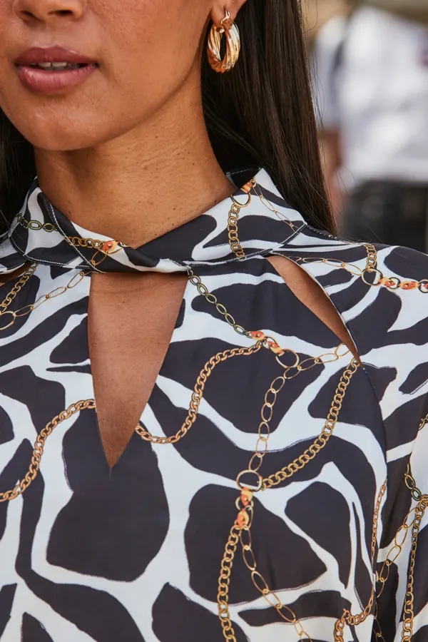 Black & White Multi Print Keyhole Detail Tunic Top