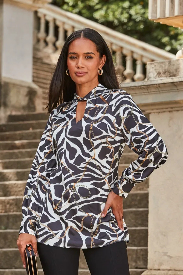 Black & White Multi Print Keyhole Detail Tunic Top