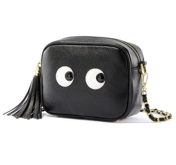 Black Gold Chain Cartoon Eyes Side Tassel Cross Body Strap Bag Handbag