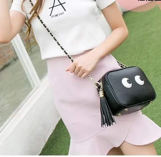 Black Gold Chain Cartoon Eyes Side Tassel Cross Body Strap Bag Handbag