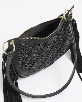 Black leather macrame shoulder bag