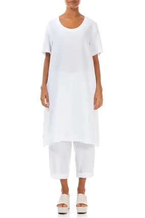 Buttoned Sides White Linen Tunic Dress