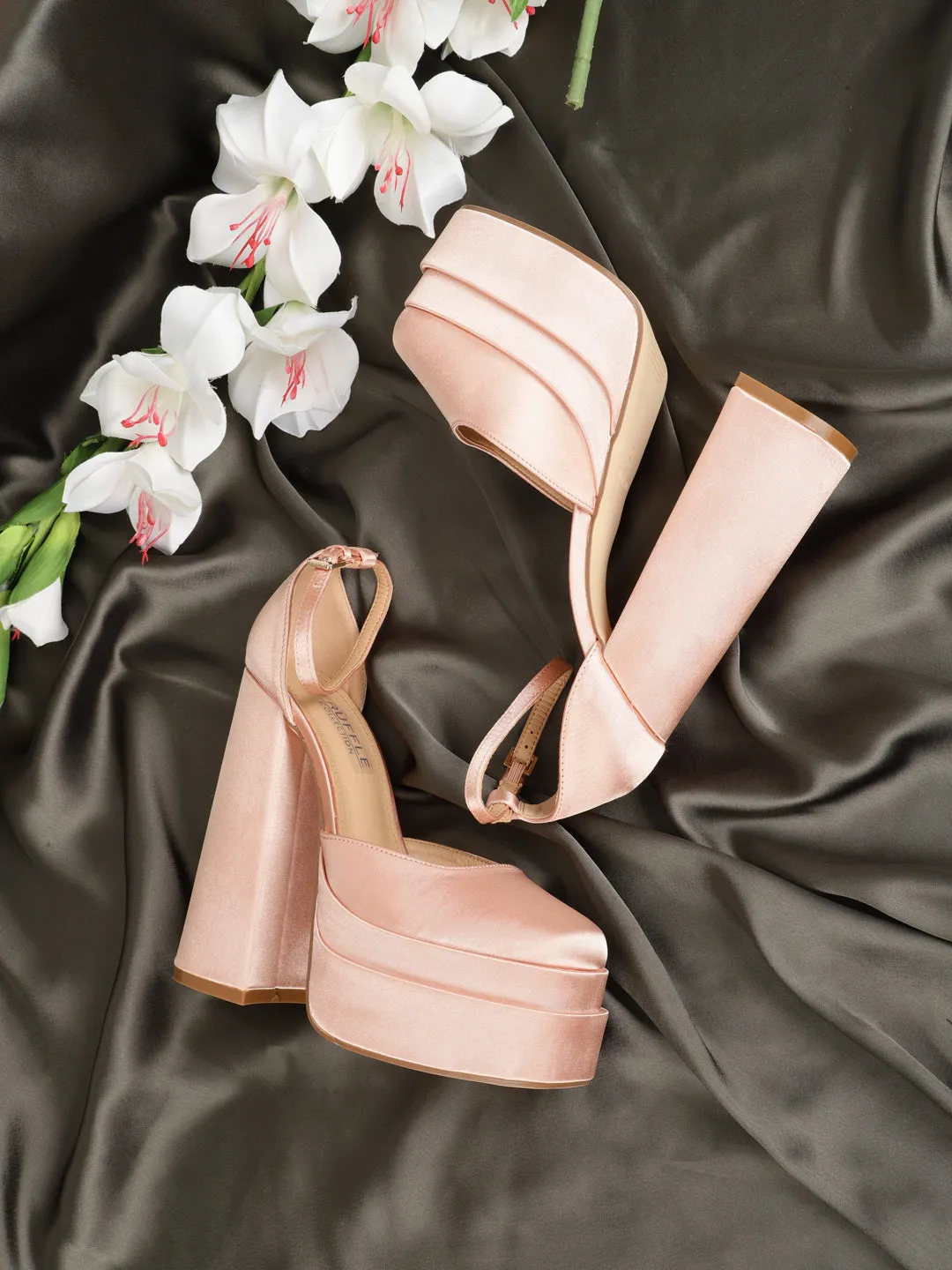 Champagne Satin Strappy Block Sandals (TC-GOWN1-CHAM)