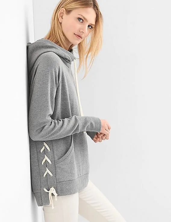 GAP Women Grey Lace Up Tunnel Neck Hoodie