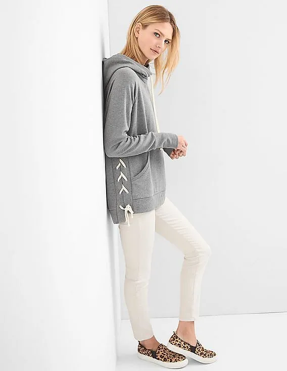 GAP Women Grey Lace Up Tunnel Neck Hoodie