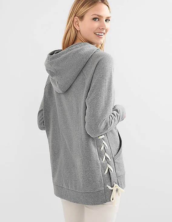 GAP Women Grey Lace Up Tunnel Neck Hoodie