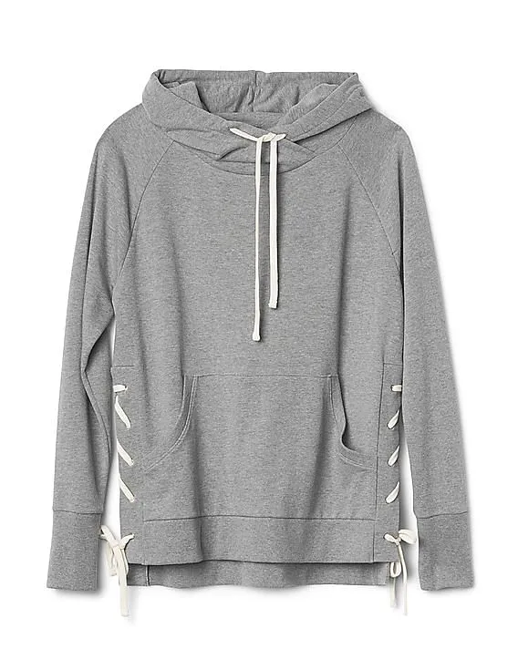 GAP Women Grey Lace Up Tunnel Neck Hoodie