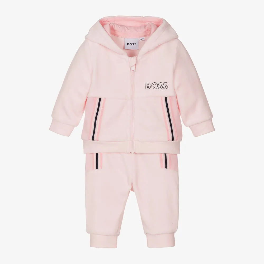 Girls Pink Hooded Cotton Velour Tracksuit