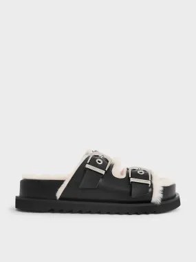 Hannah Furry Buckled Double-Strap Sandals - Black