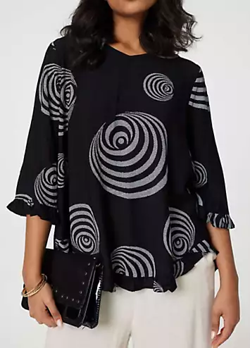 Izabel London Black Abstract Print Frill Hem Tunic Top | Grattan