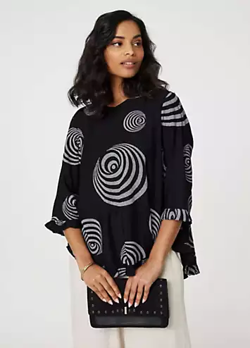 Izabel London Black Abstract Print Frill Hem Tunic Top | Grattan