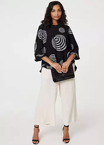 Izabel London Black Abstract Print Frill Hem Tunic Top | Grattan