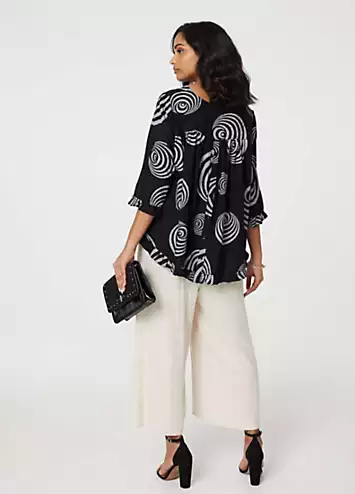 Izabel London Black Abstract Print Frill Hem Tunic Top | Grattan