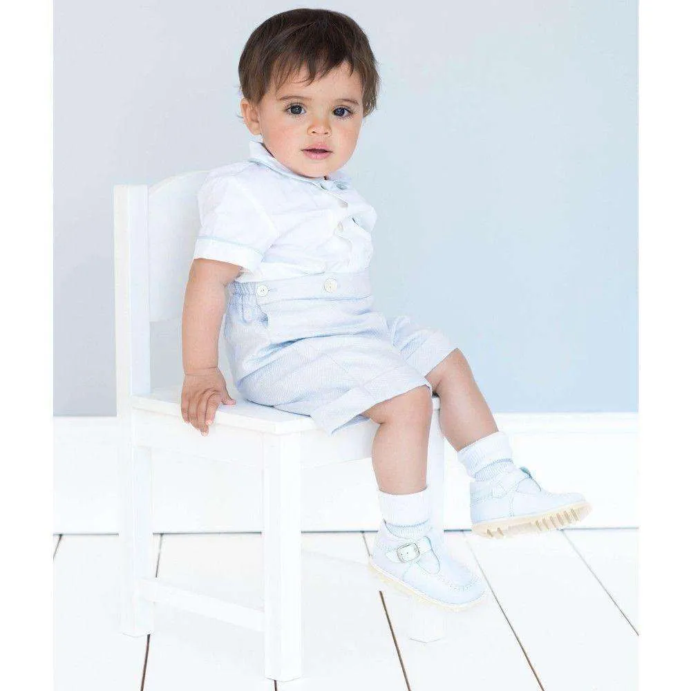 LA STUPENDERIA PALE BLUE LINEN BUSTER ROMPER 3 MONTHS