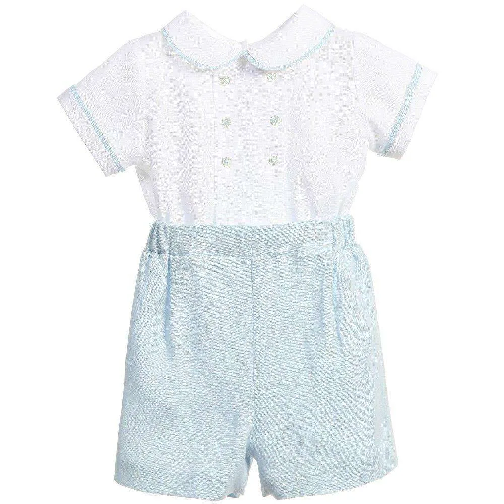 LA STUPENDERIA PALE BLUE LINEN BUSTER ROMPER 3 MONTHS