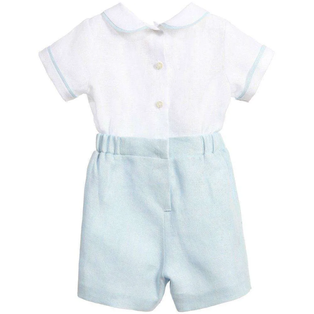 LA STUPENDERIA PALE BLUE LINEN BUSTER ROMPER 3 MONTHS