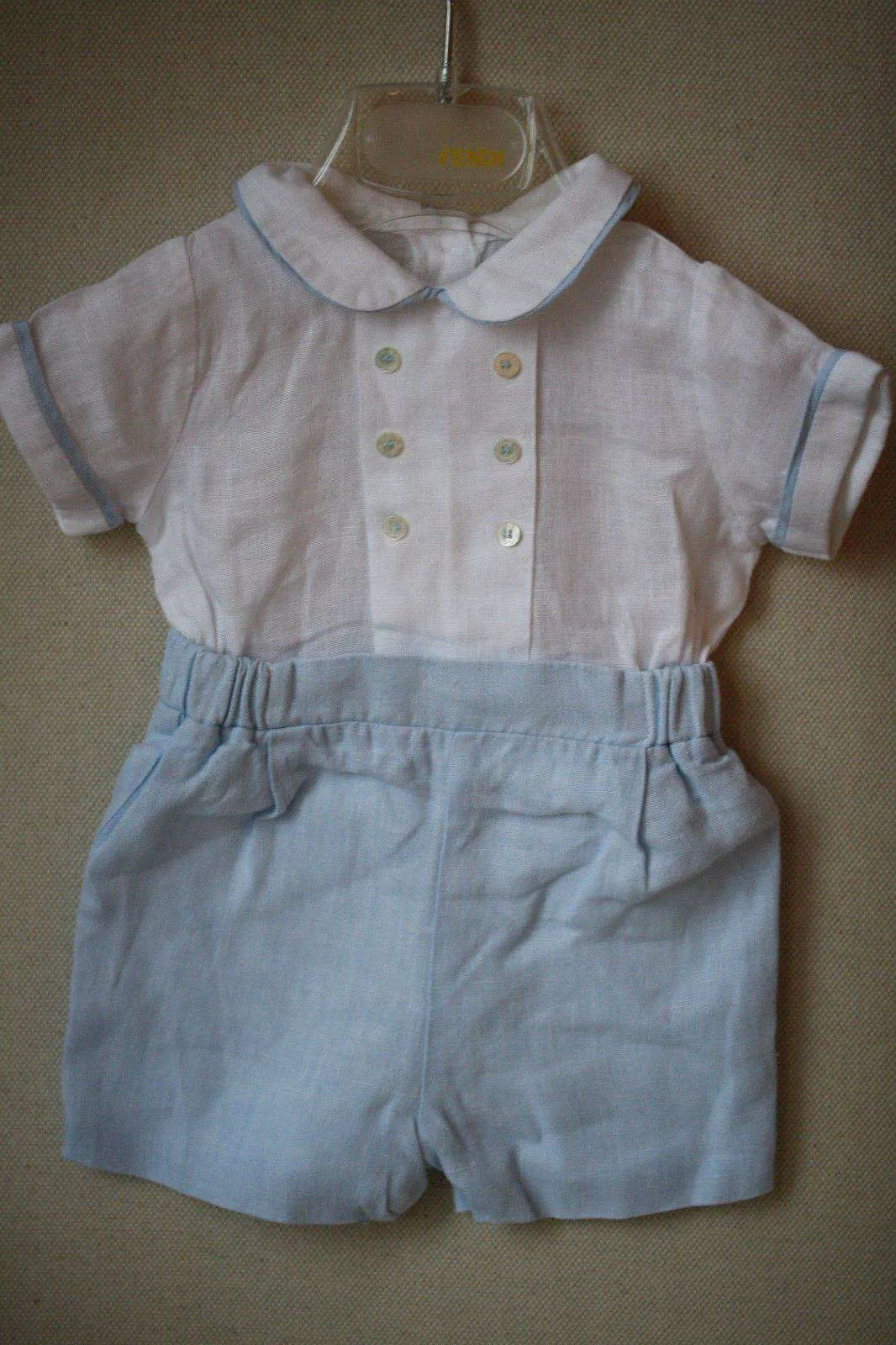 LA STUPENDERIA PALE BLUE LINEN BUSTER ROMPER 3 MONTHS