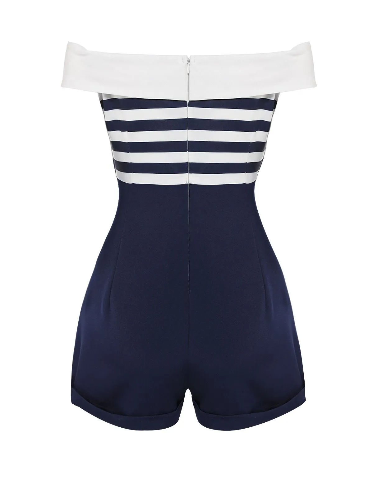 Navy Blue 1950s Patchwork Off-shoulder Striped Romper