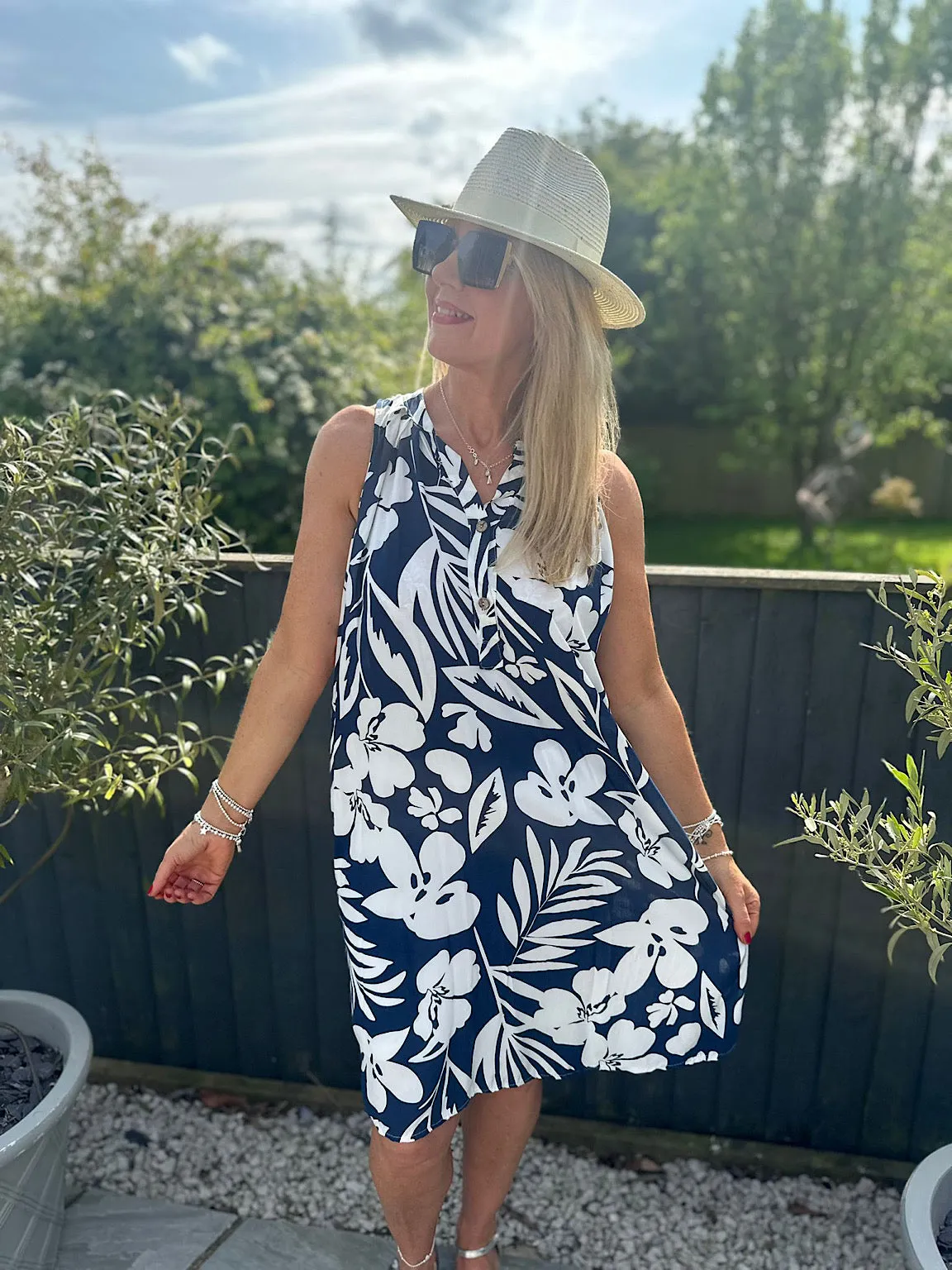 Navy Floral Sleeveless Tunic Dress Jade