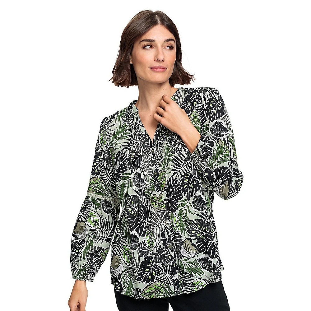 Olsen Leaf-Print Buttoned Tunic Blouse