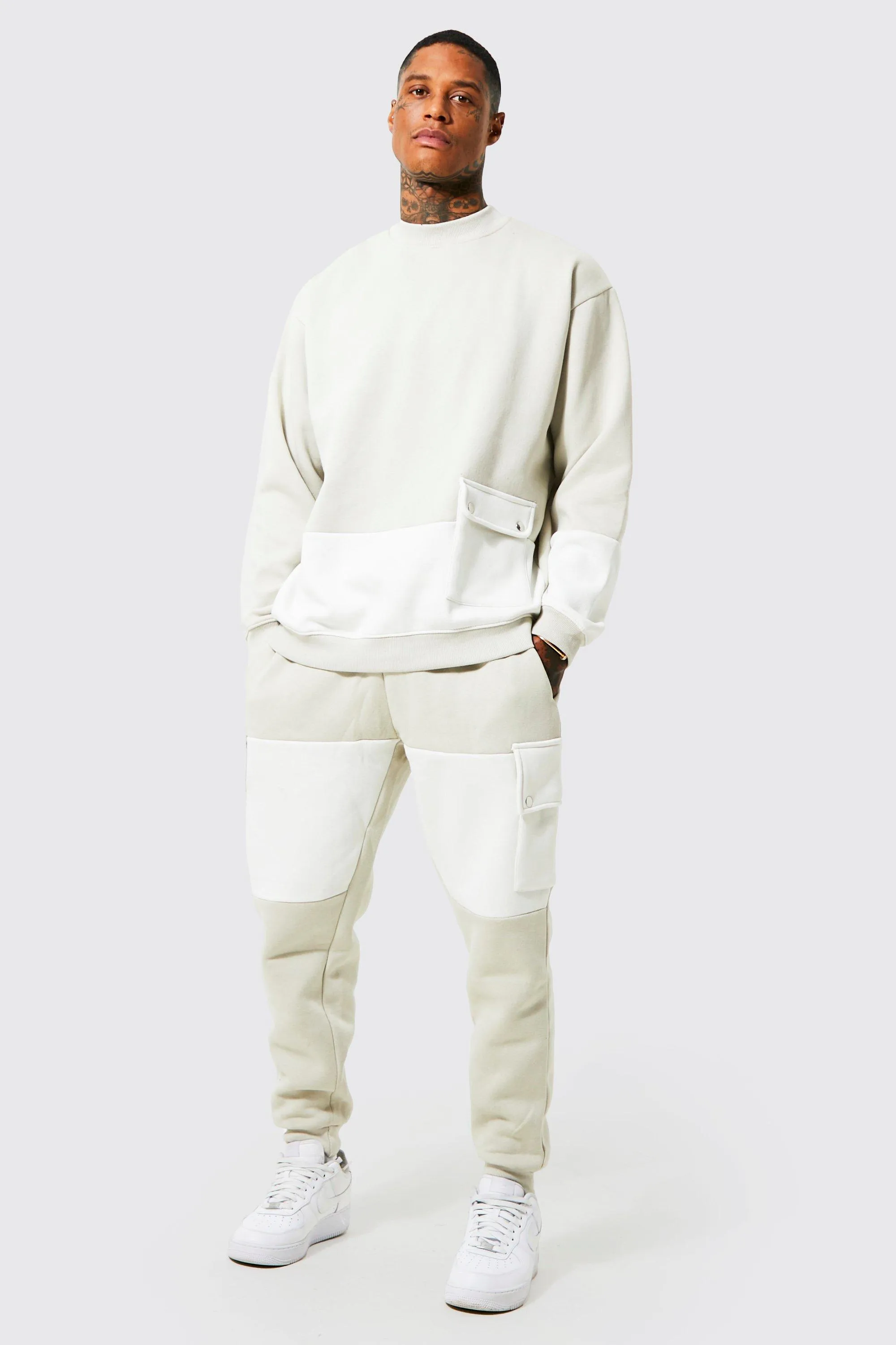 Oversized Cargo Spliced Sweatshirt Tracksuit | boohooMAN UK