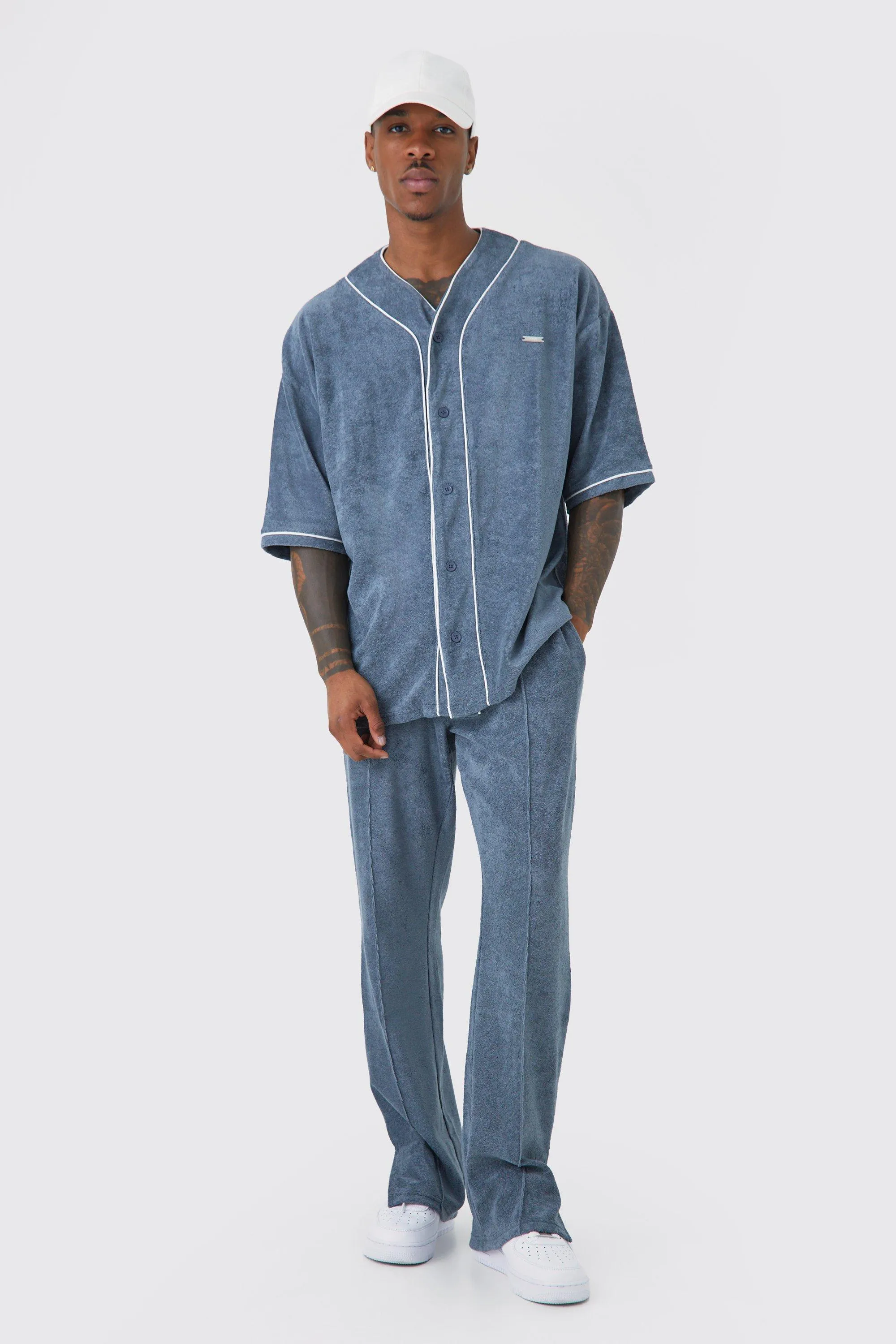 Oversized Premium Towelling Baseball T-shirt Tracksuit | boohooMAN UK