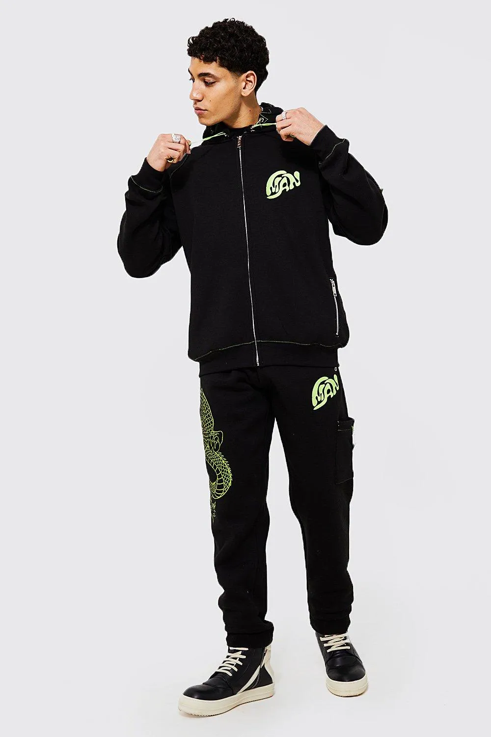 Oversized Snake Embroidered Cargo Tracksuit | boohooMAN UK