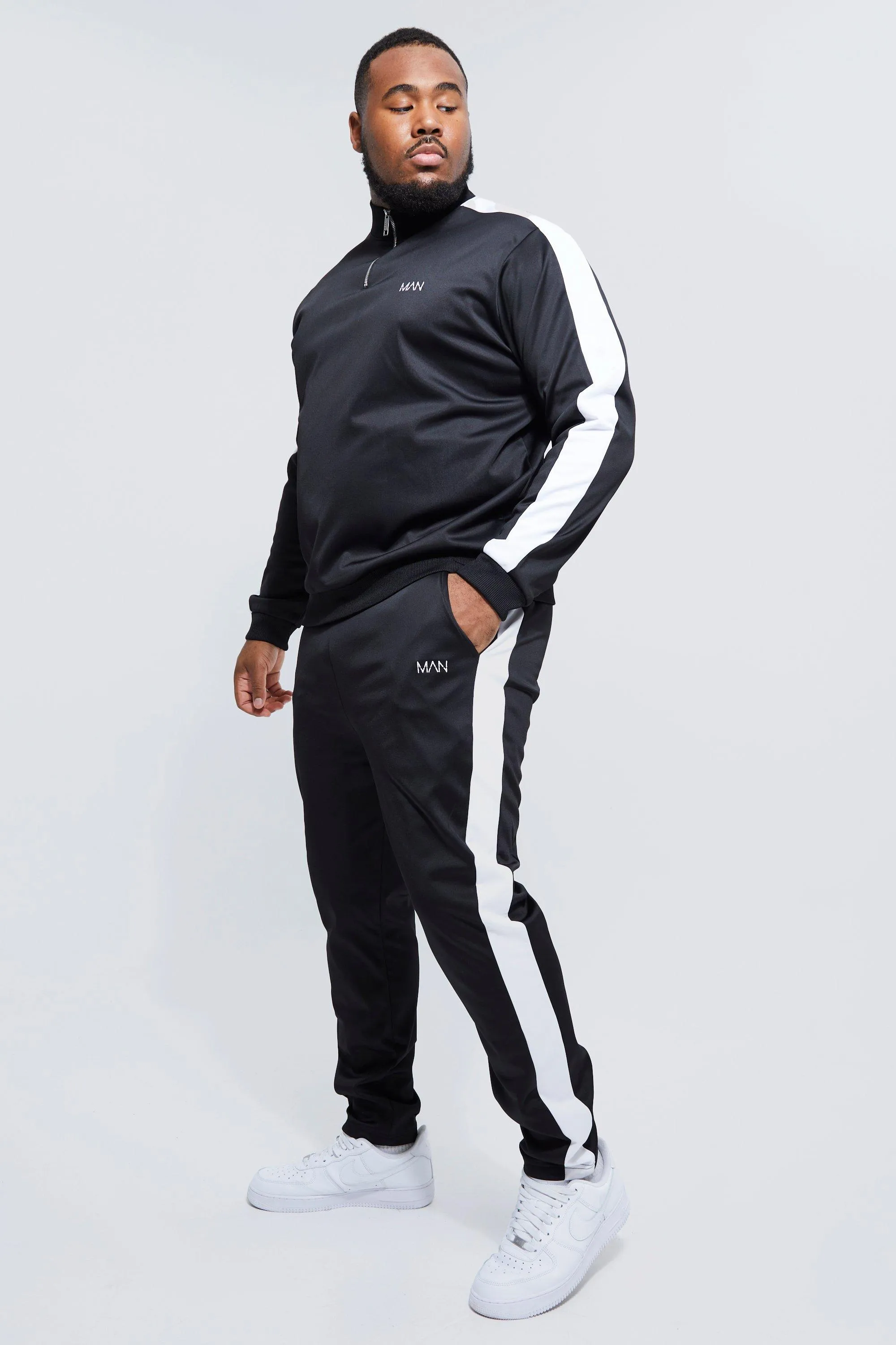 Plus Tricot Funnel Neck Side Panel Tracksuit | boohooMAN UK