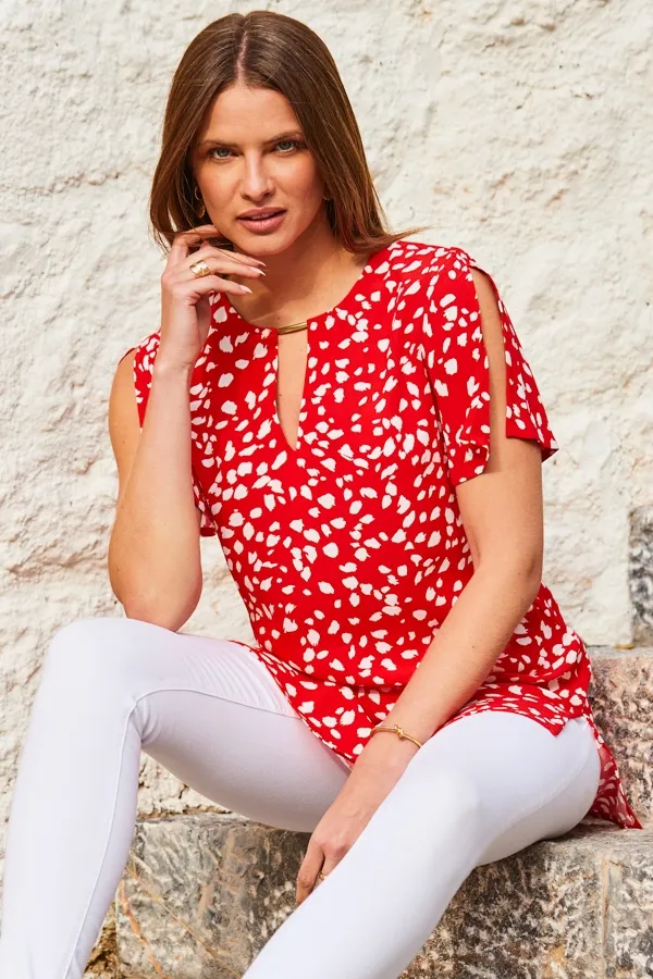 Red Fleck Print Split Sleeve Tab Detail Tunic Top