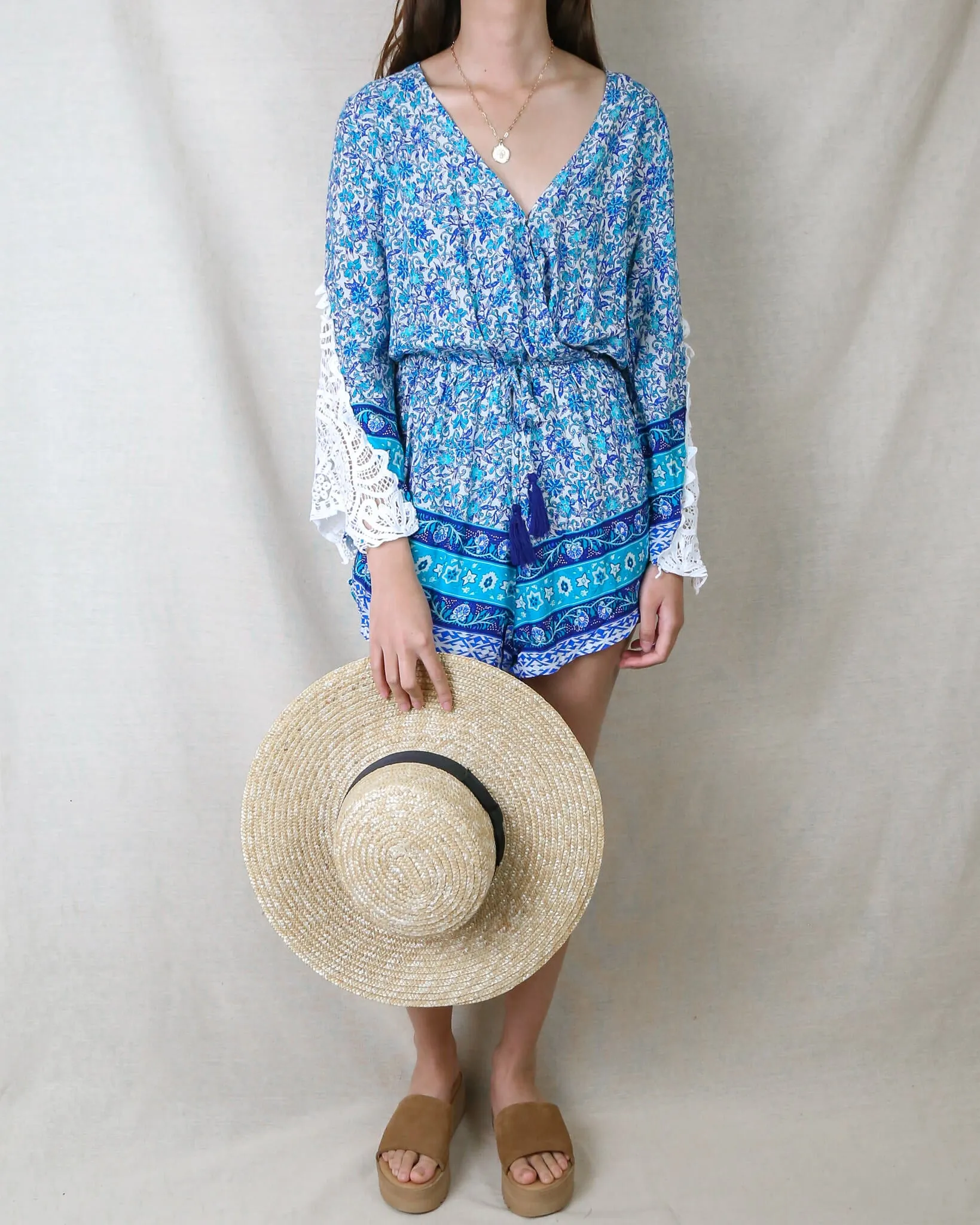 Reverse - Aqua Blue Boho Print Romper with Crochet Lace Bell Sleeves