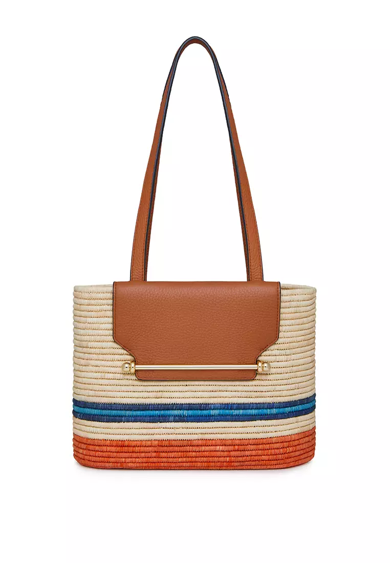 Strathberry THE STRATHBERRY BASKET BAG - STRIPE RAFFIA/GRAIN LEATHER TAN/ORANGE MULTI