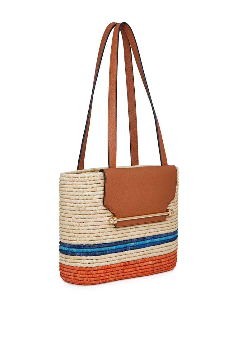 Strathberry THE STRATHBERRY BASKET BAG - STRIPE RAFFIA/GRAIN LEATHER TAN/ORANGE MULTI