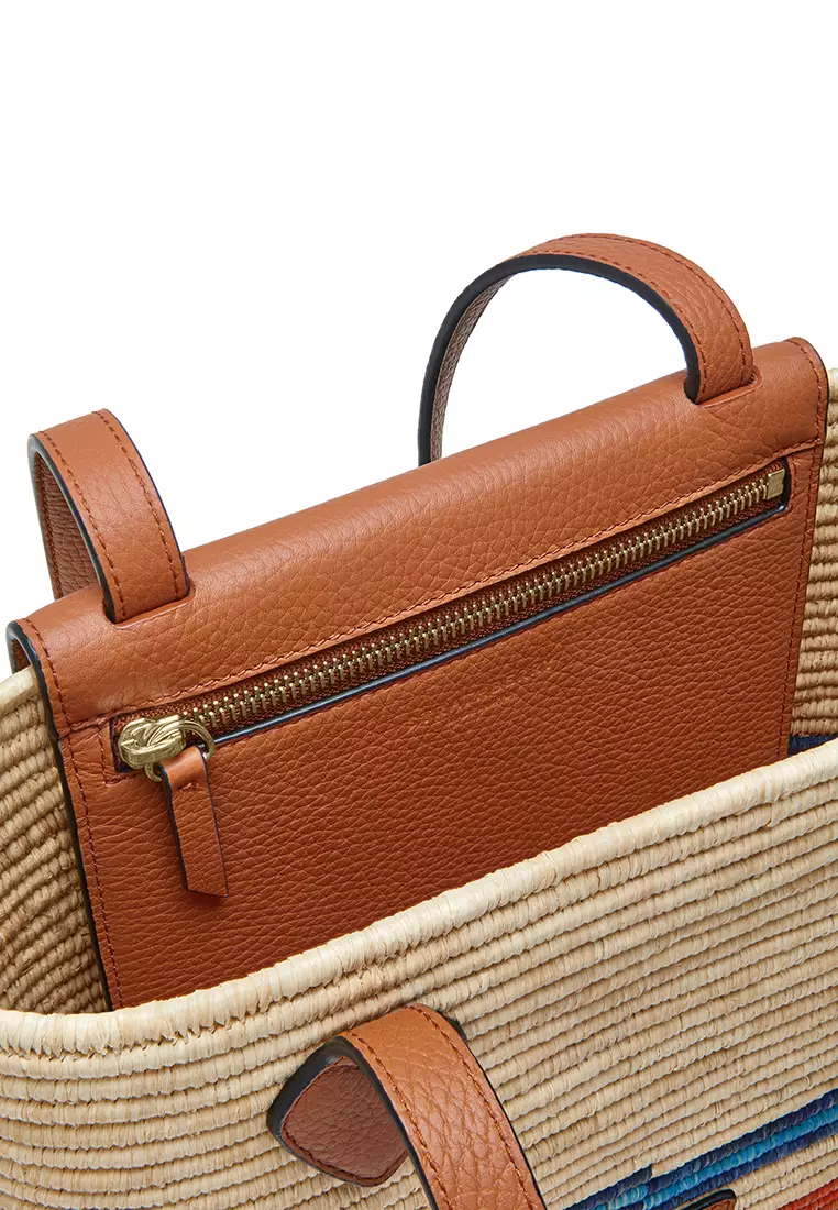 Strathberry THE STRATHBERRY BASKET BAG - STRIPE RAFFIA/GRAIN LEATHER TAN/ORANGE MULTI