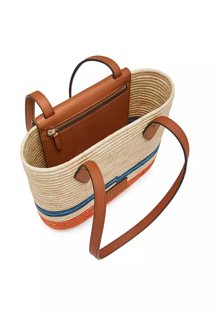 Strathberry THE STRATHBERRY BASKET BAG - STRIPE RAFFIA/GRAIN LEATHER TAN/ORANGE MULTI