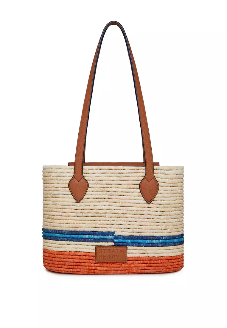 Strathberry THE STRATHBERRY BASKET BAG - STRIPE RAFFIA/GRAIN LEATHER TAN/ORANGE MULTI