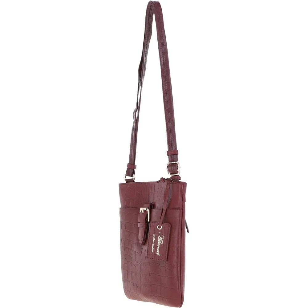 Tab Small Zip Top Leather Cross Body Bag Burgundy/Croc