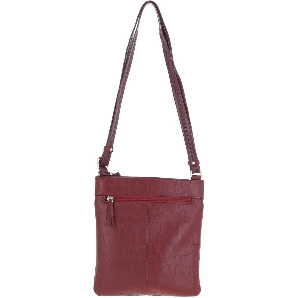 Tab Small Zip Top Leather Cross Body Bag Burgundy/Croc