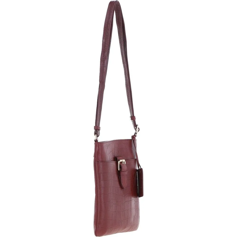 Tab Small Zip Top Leather Cross Body Bag Burgundy/Croc