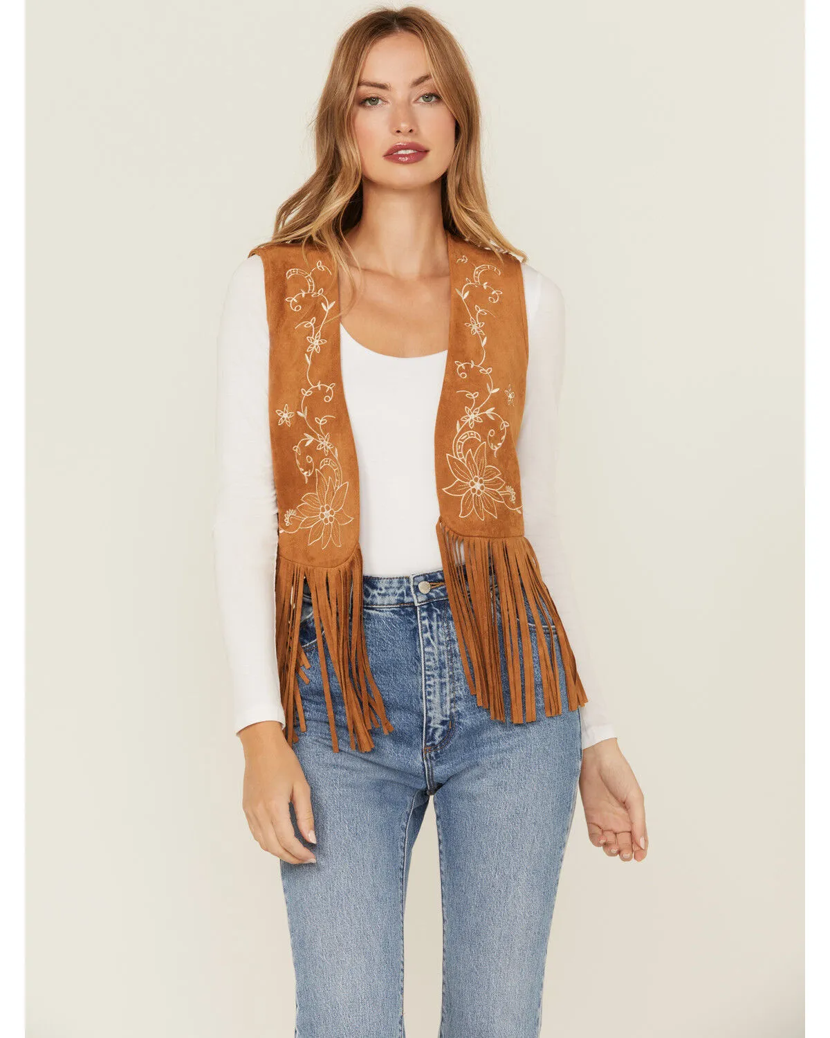 Vocal Women's Floral Embroidered Faux Suede Fringe Vest