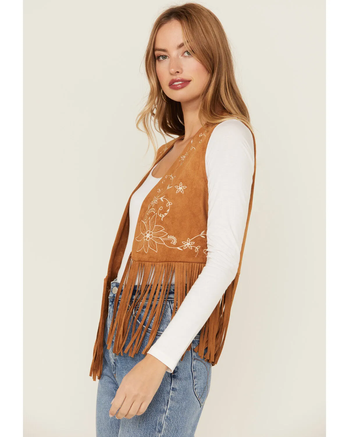 Vocal Women's Floral Embroidered Faux Suede Fringe Vest