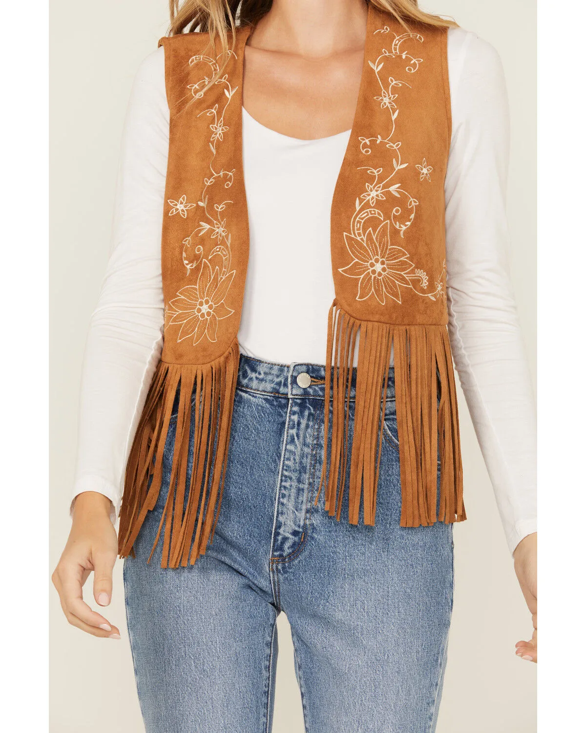 Vocal Women's Floral Embroidered Faux Suede Fringe Vest